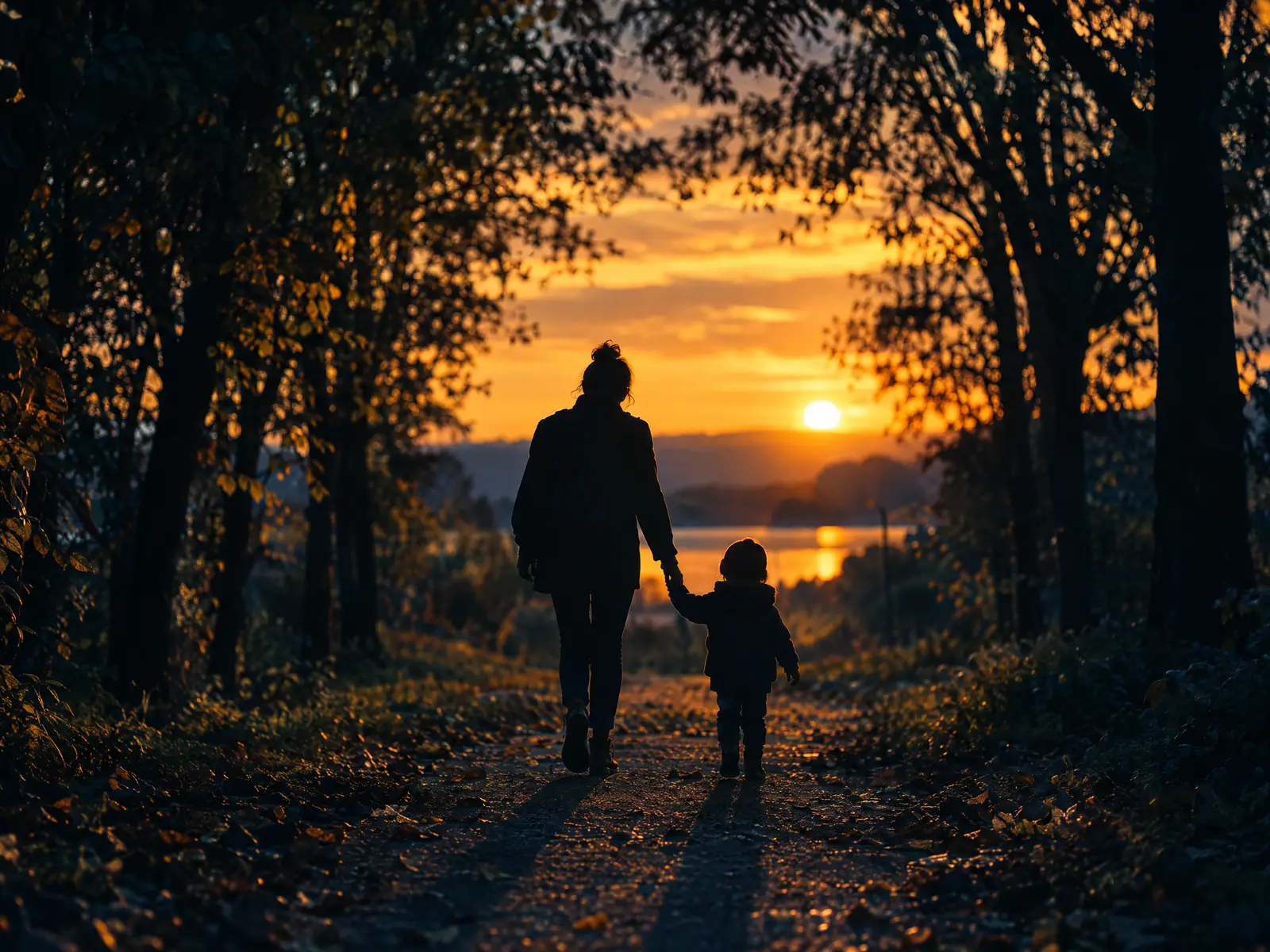Silhouettes of an adult and a small child walking hand in hand on a tree-lined path at sunset