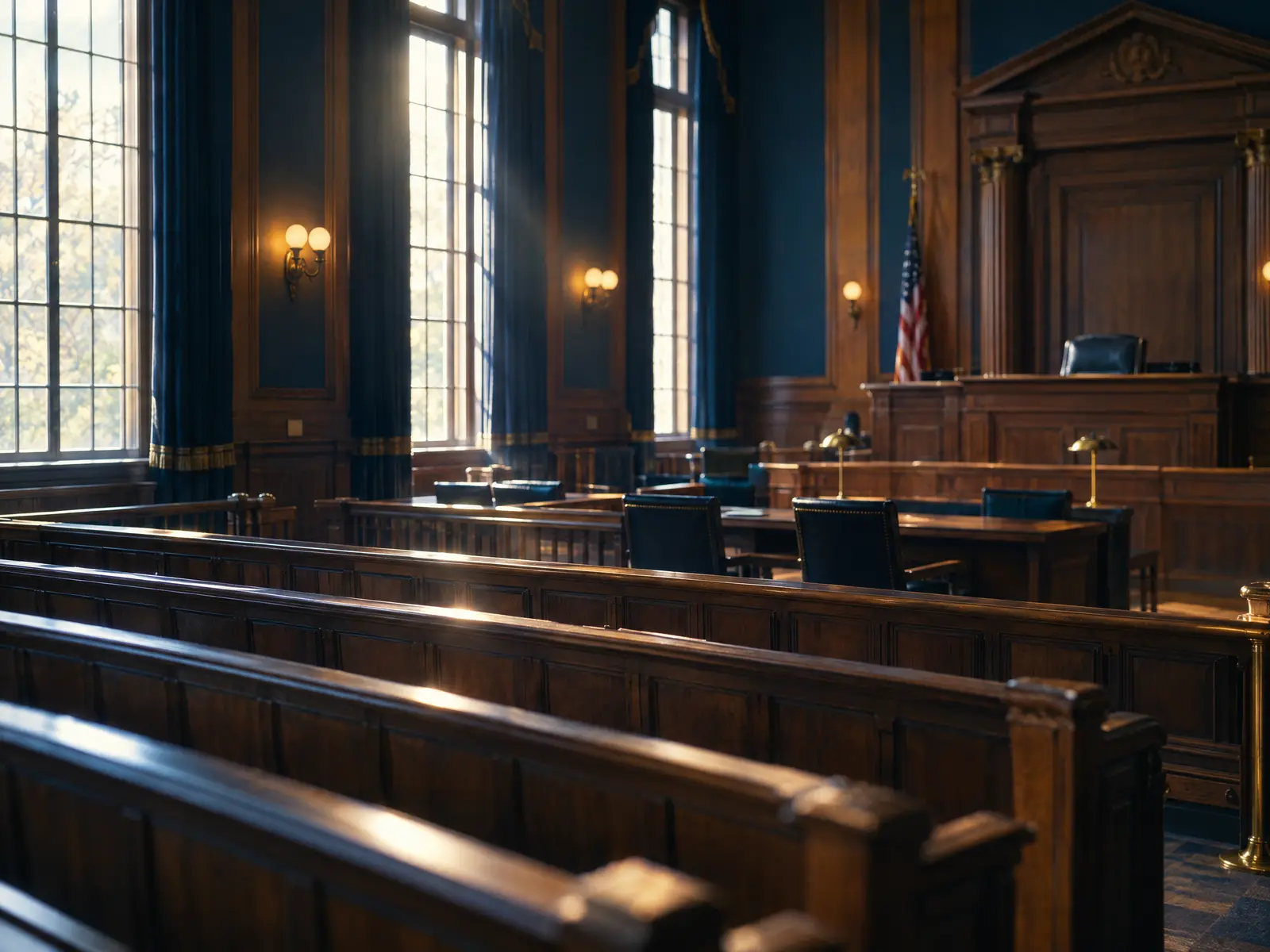 Empty courtroom with wooden gallery benches and tall windows letting in soft light
