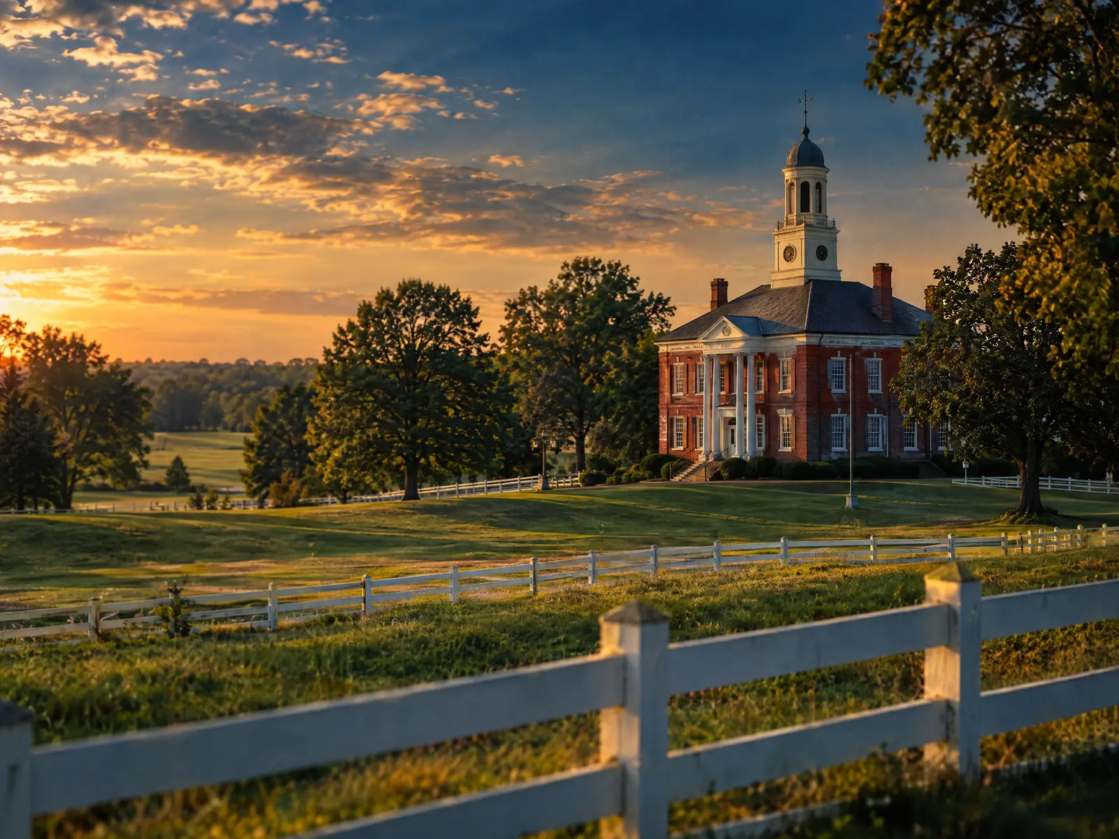 Red-brick colonial-style courthouse beyond green fields and a white fence in rural Virginia
