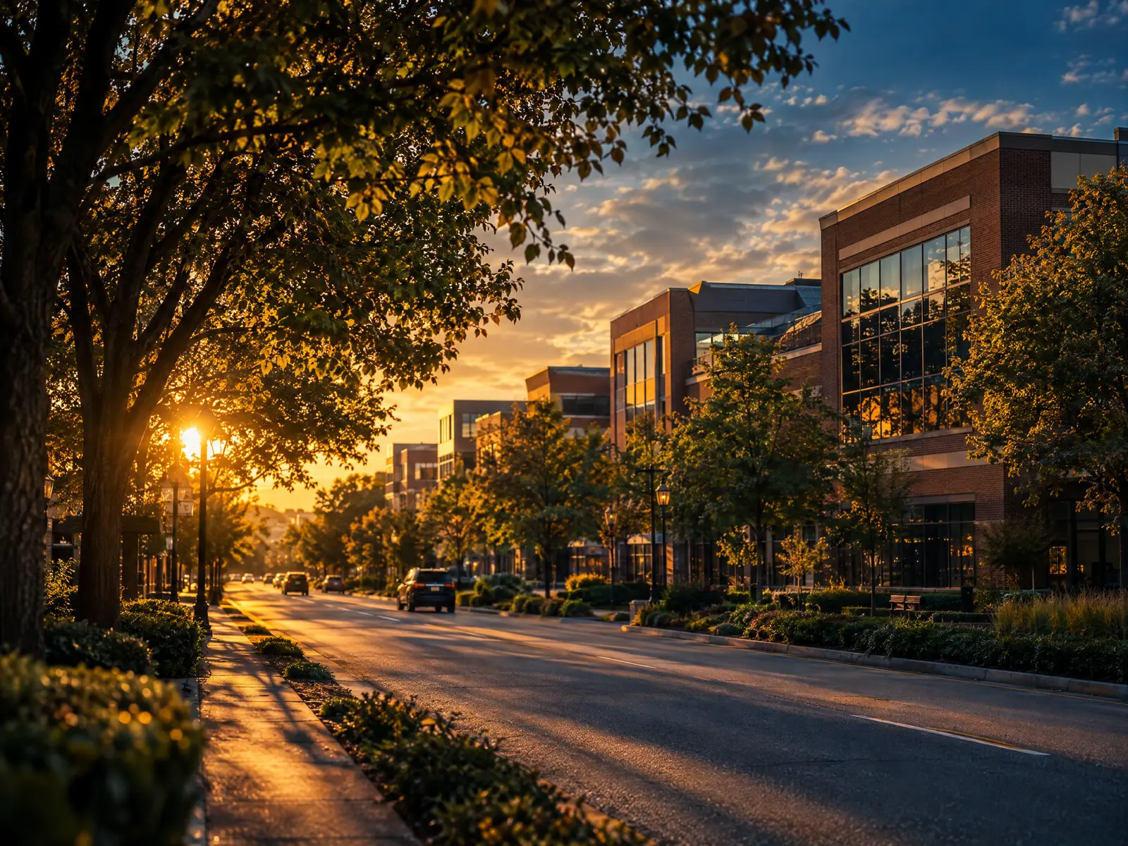 Tree-lined suburban boulevard with brick office buildings in the West End at golden hour