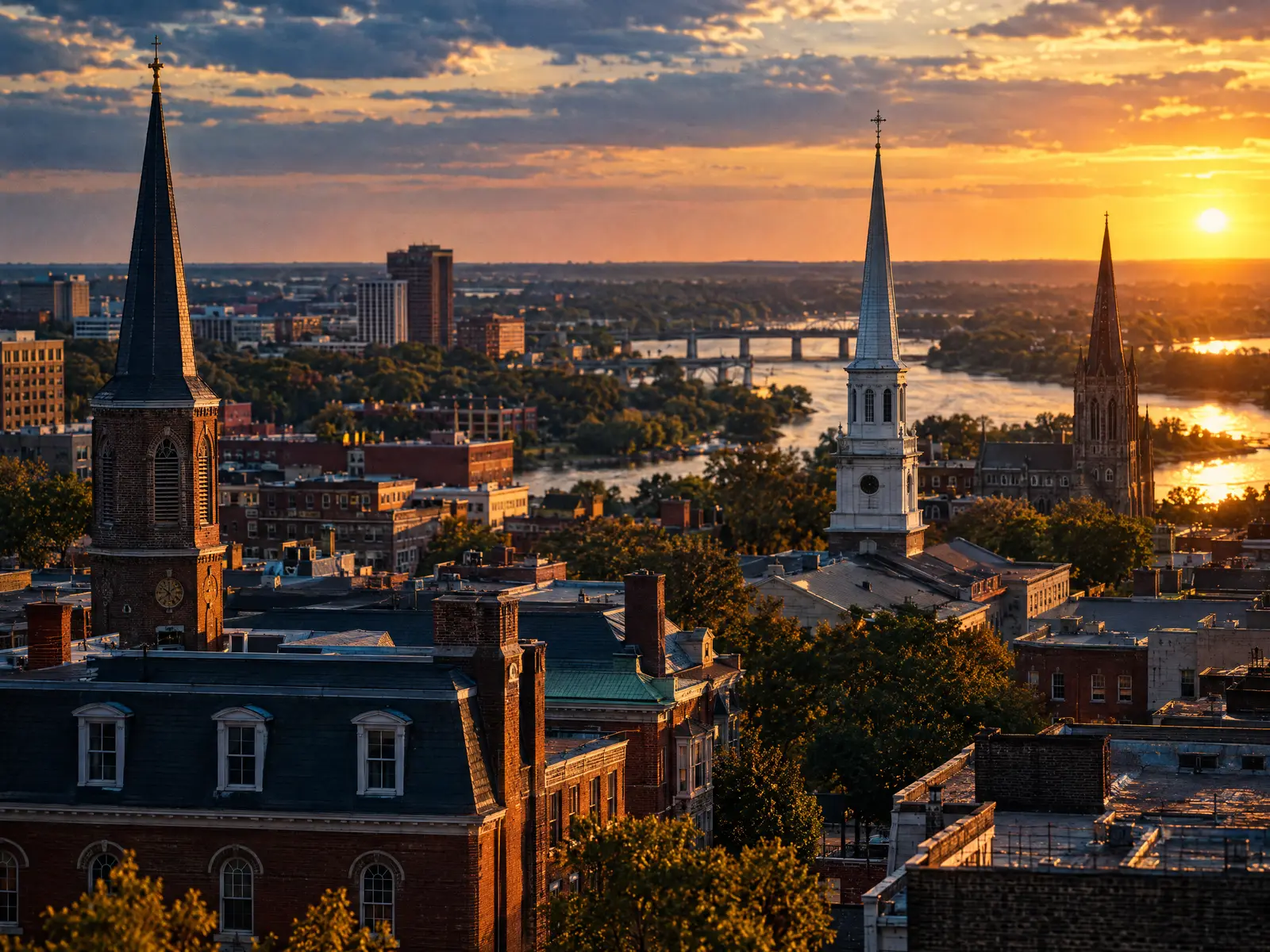 Historic rooftops and church spires near downtown Richmond at golden hour with the James River beyond